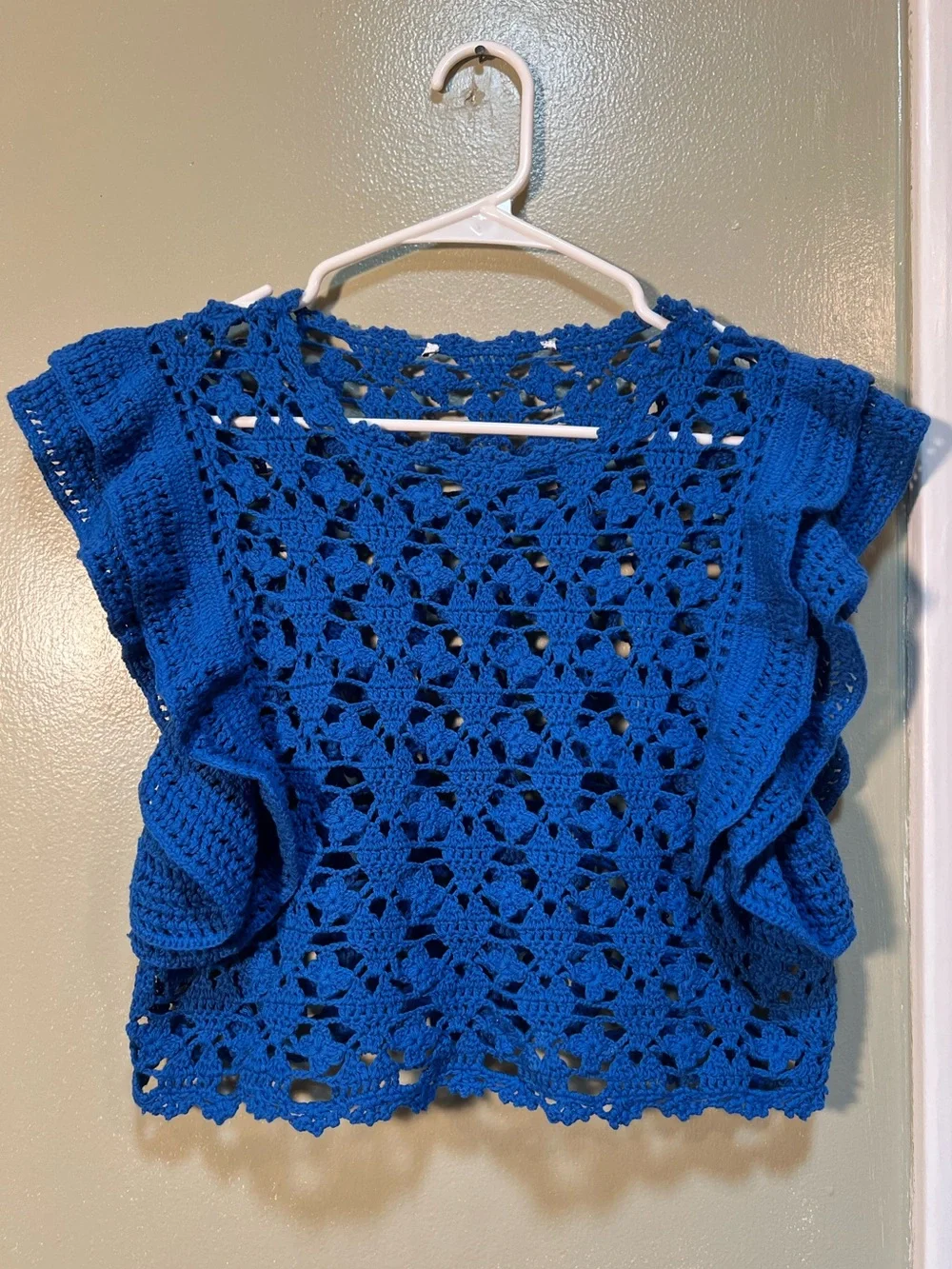 Zara Women’s Crochet Knit Top Royal Blue Ruffle Side Boxy Round Neck Lace Sheer
